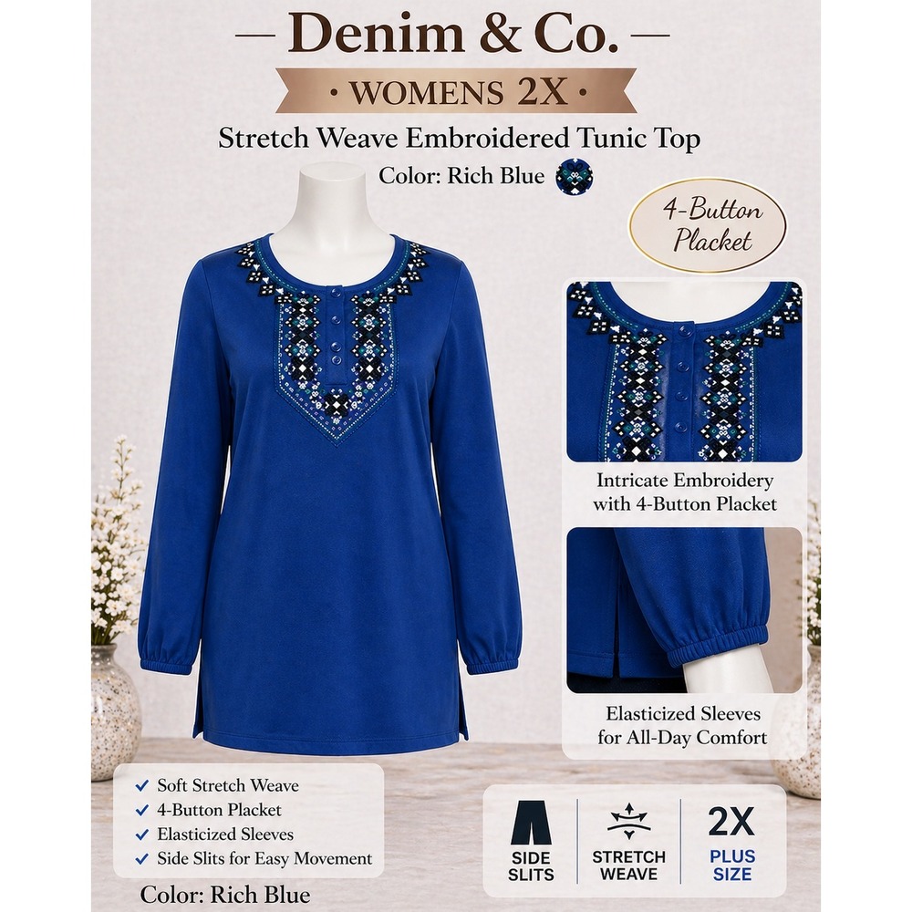 Denim & Co Womens‎ 2X Rich Blue Stretch Weave Embroidered Tunic Top A237348 NEW